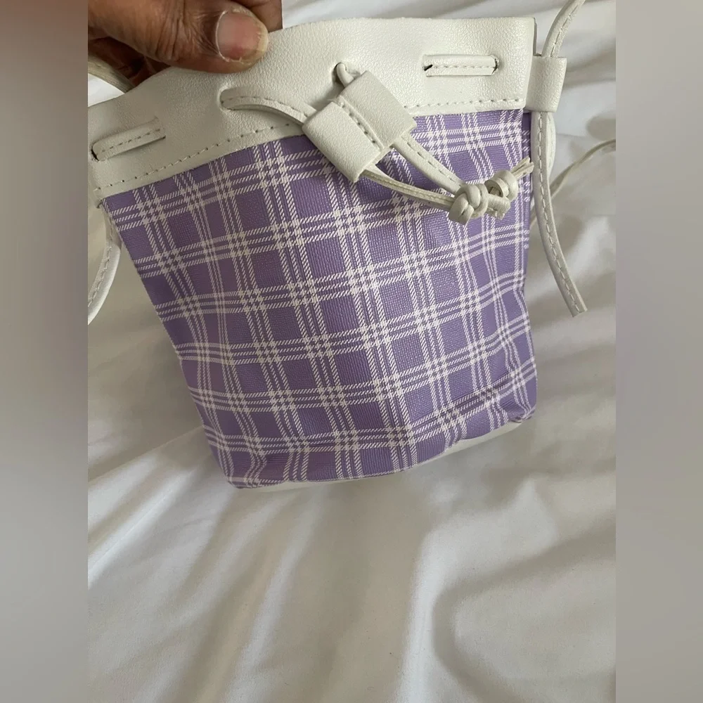 Purple and White Mini Bag with Drawstring Closure